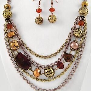 Two Tone Gold & Smoked Topaz Glass Crystal Necklace & Earring Set